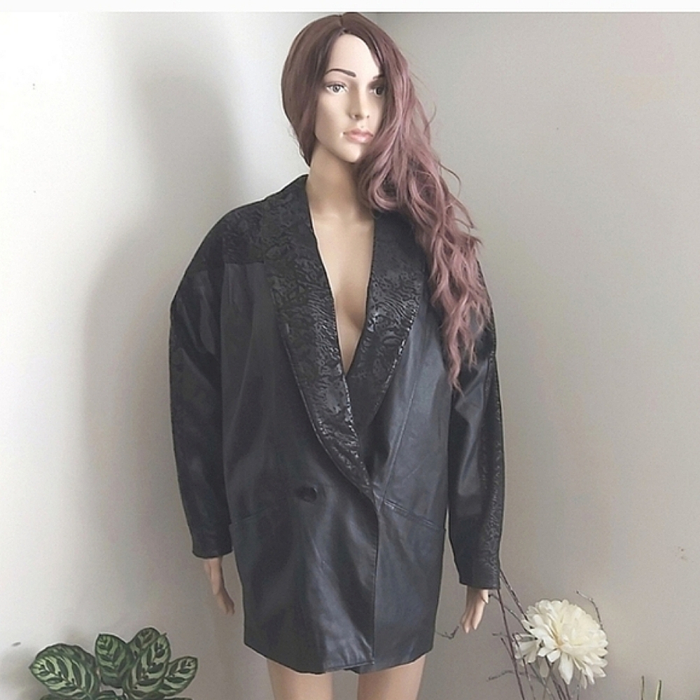 Vintage leather jacket size XL black oversized blazer  coat watermark